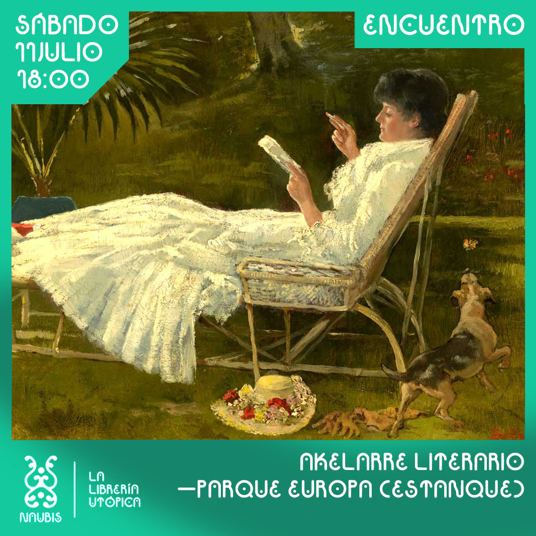 cartel del evento. Aparte de la fecha y lugar, el fondo del cartel es parte de un cuadro donde se ve a una persona reclinada en una mecedora de madera mientras lee un libro. Está en un parque o entorno natural, detrás de ella hay un perrete persiguiendo una mariposa.