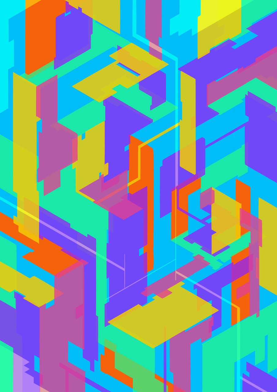 imagen vertical de un montón de planos de cuatro o cinco colores con varias superposiciones entre sí. tiene un aspecto muy geométrico e isométrico