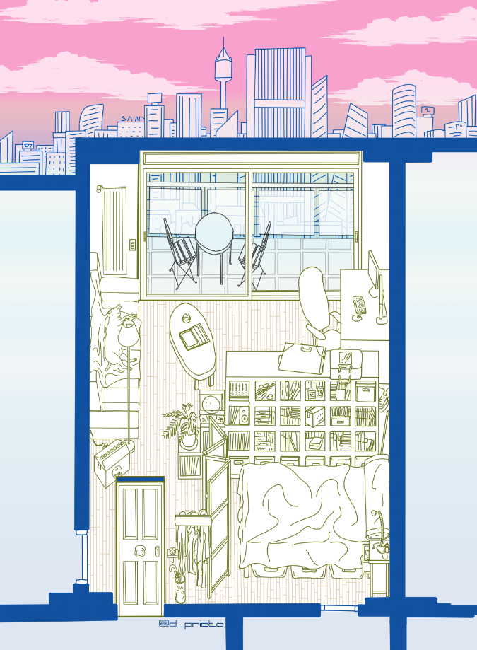 Dibujo hecho en procreate donde se ve una habitación y una serie de divisiones en azul que marcan sus muros. En la parte superior se ve un fondo rosado.