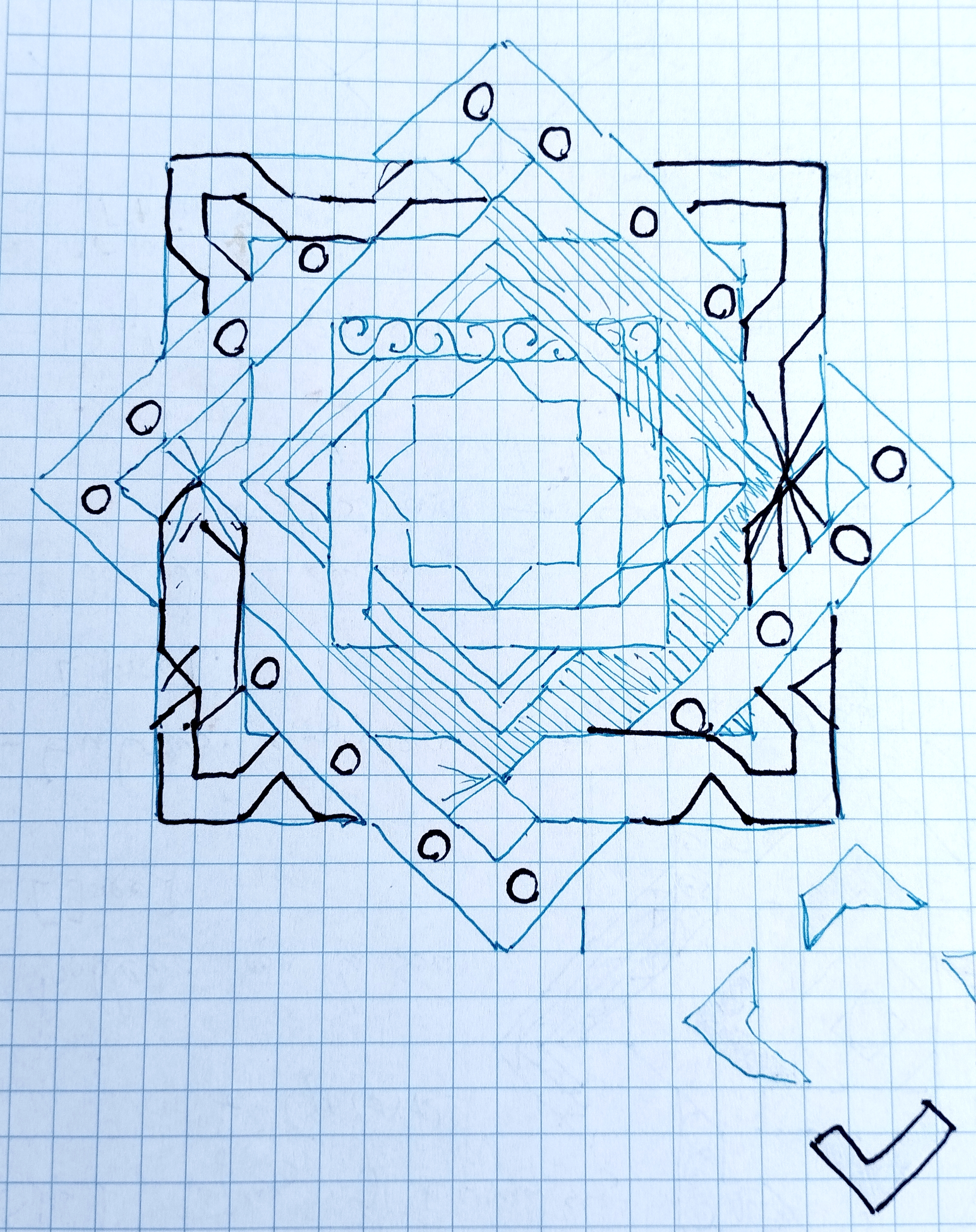 dibujo abstracto geométrico en un papel cuadriculado con diferentes colores