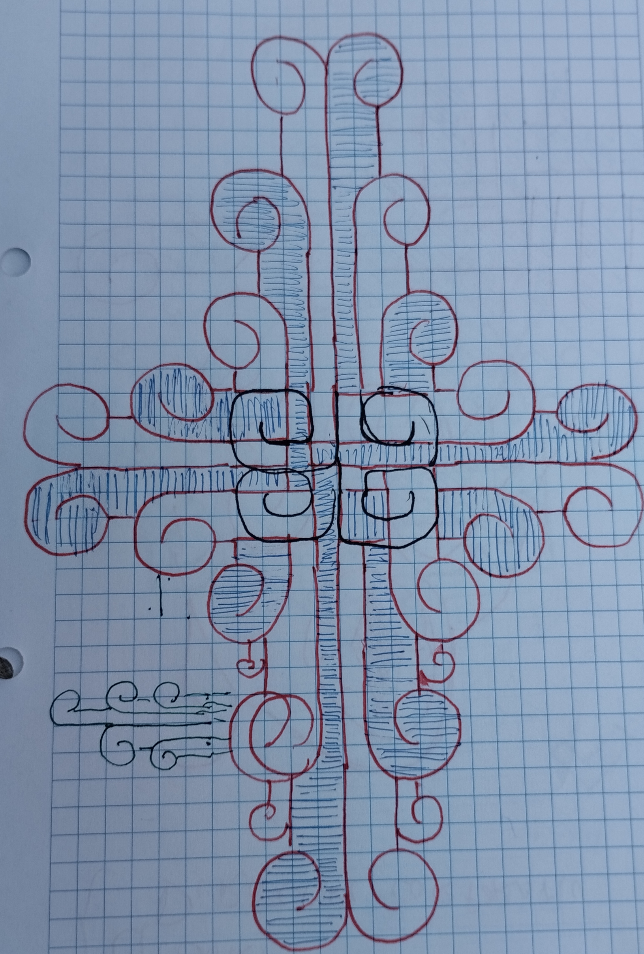 dibujo abstracto geométrico en un papel cuadriculado con diferentes colores. Este tiene clara inspiración en el arte precolombino maya