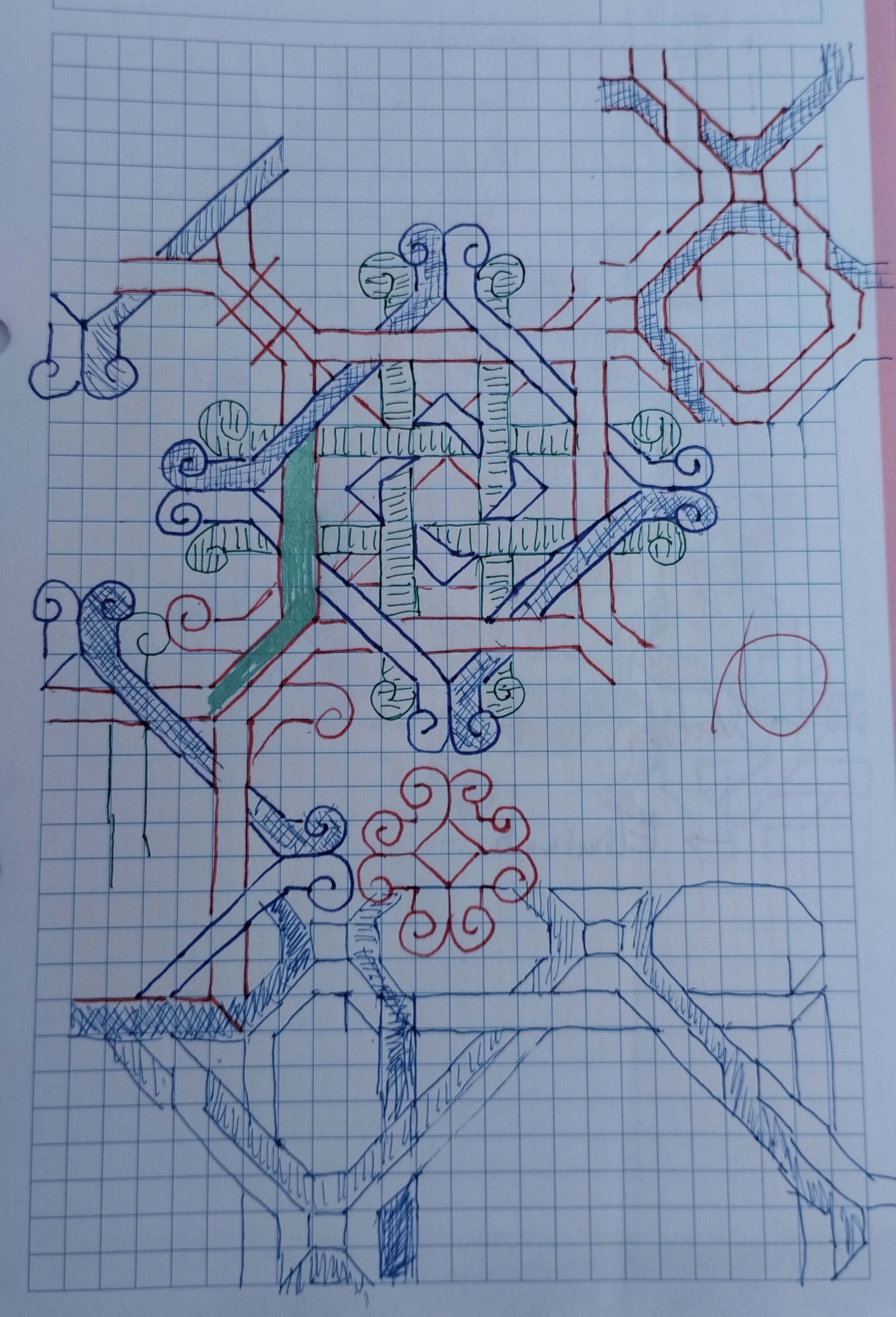dibujo abstracto geométrico en un papel cuadriculado con diferentes colores