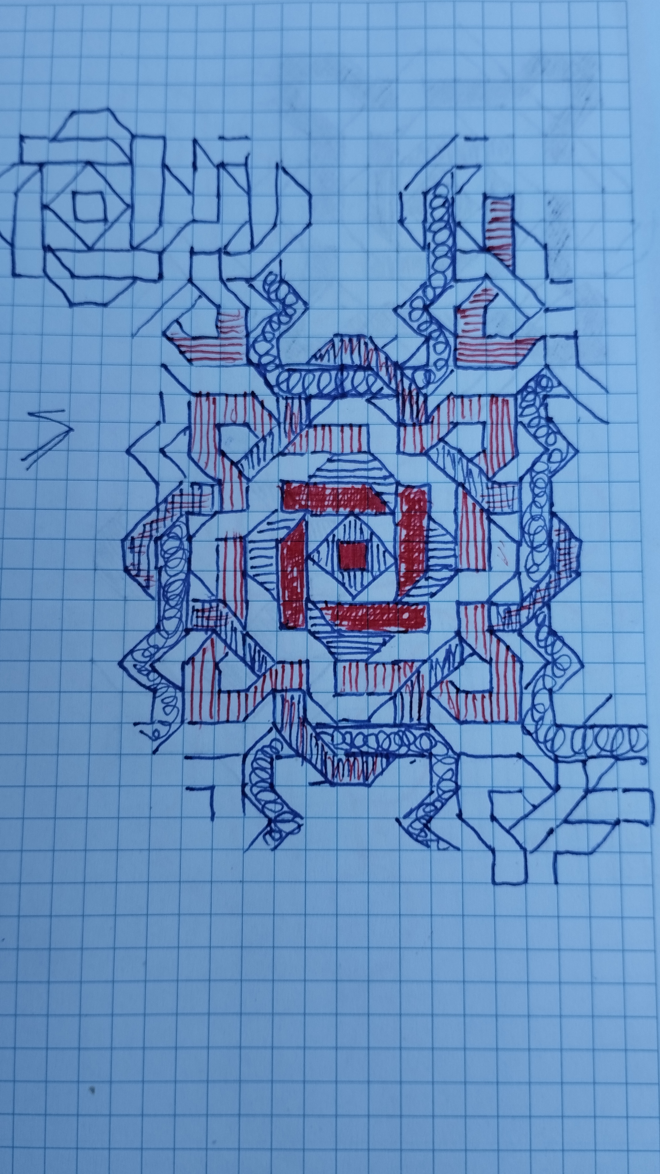 dibujo abstracto geométrico en un papel cuadriculado con diferentes colores