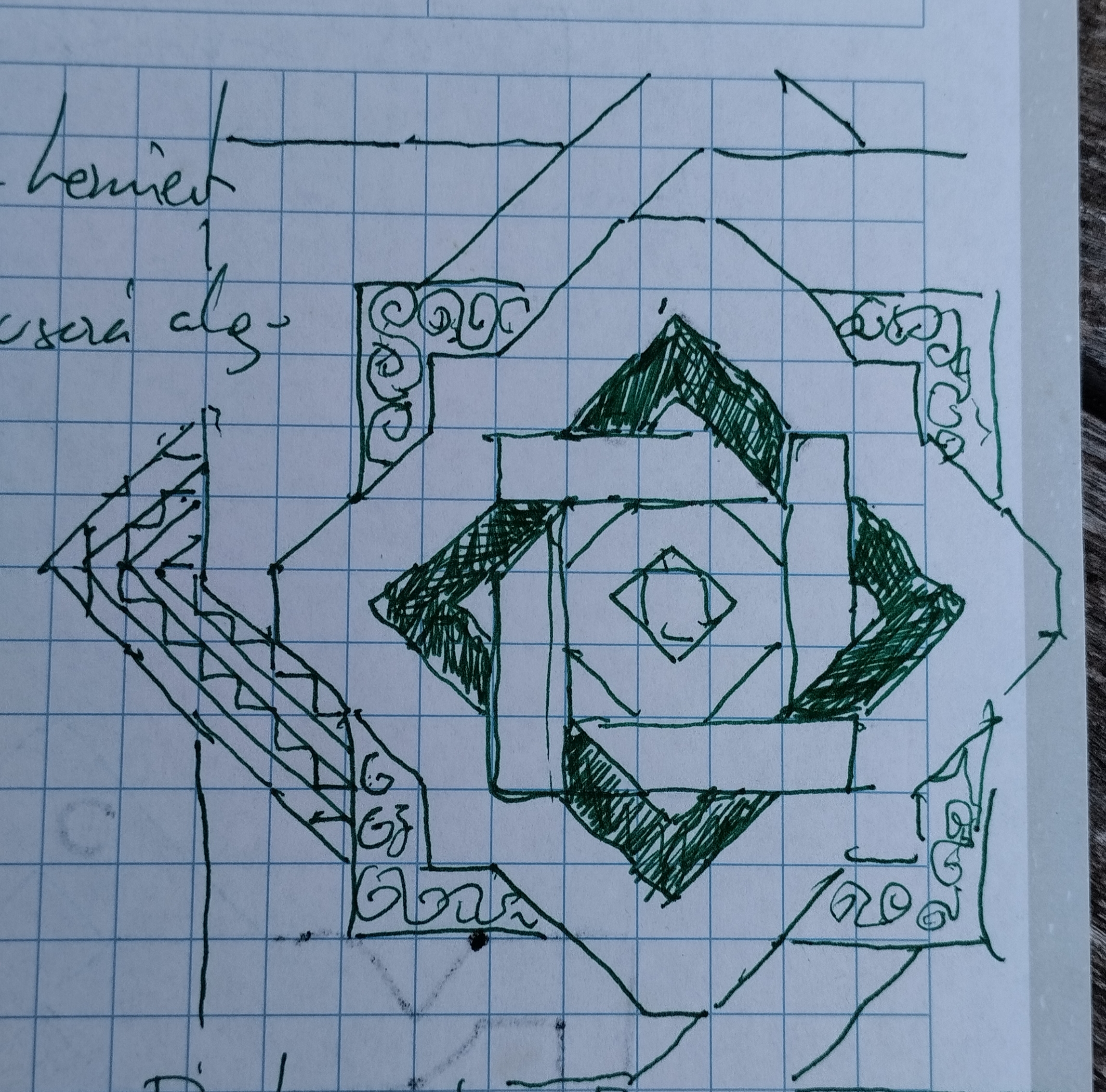 dibujo abstracto geométrico en un papel cuadriculado con diferentes colores