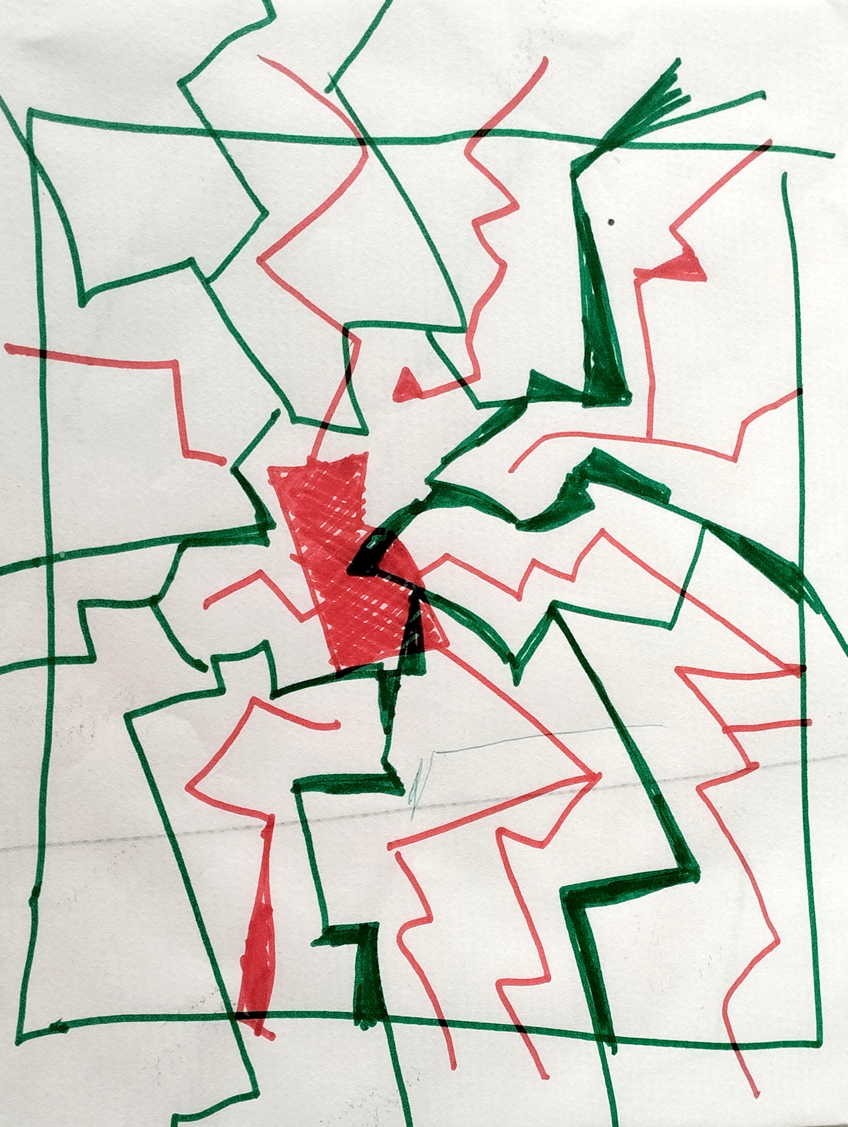 dibujo abstracto con una figura central roja rodeada de líneas zigzagirantes verdes y rojas en un papel blanco