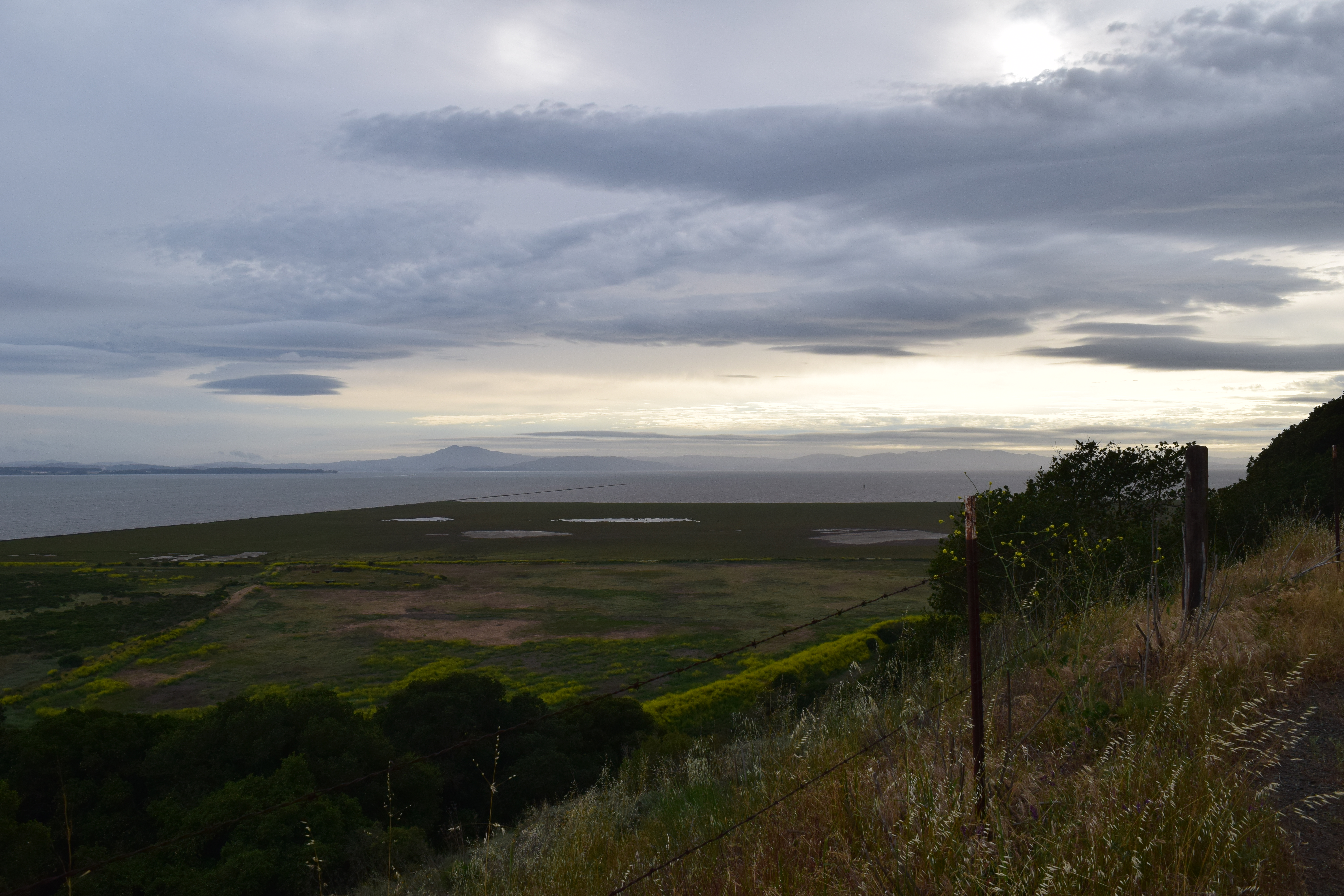 algunas colinas mirando hacia una bahia y montañas a lo lejos.